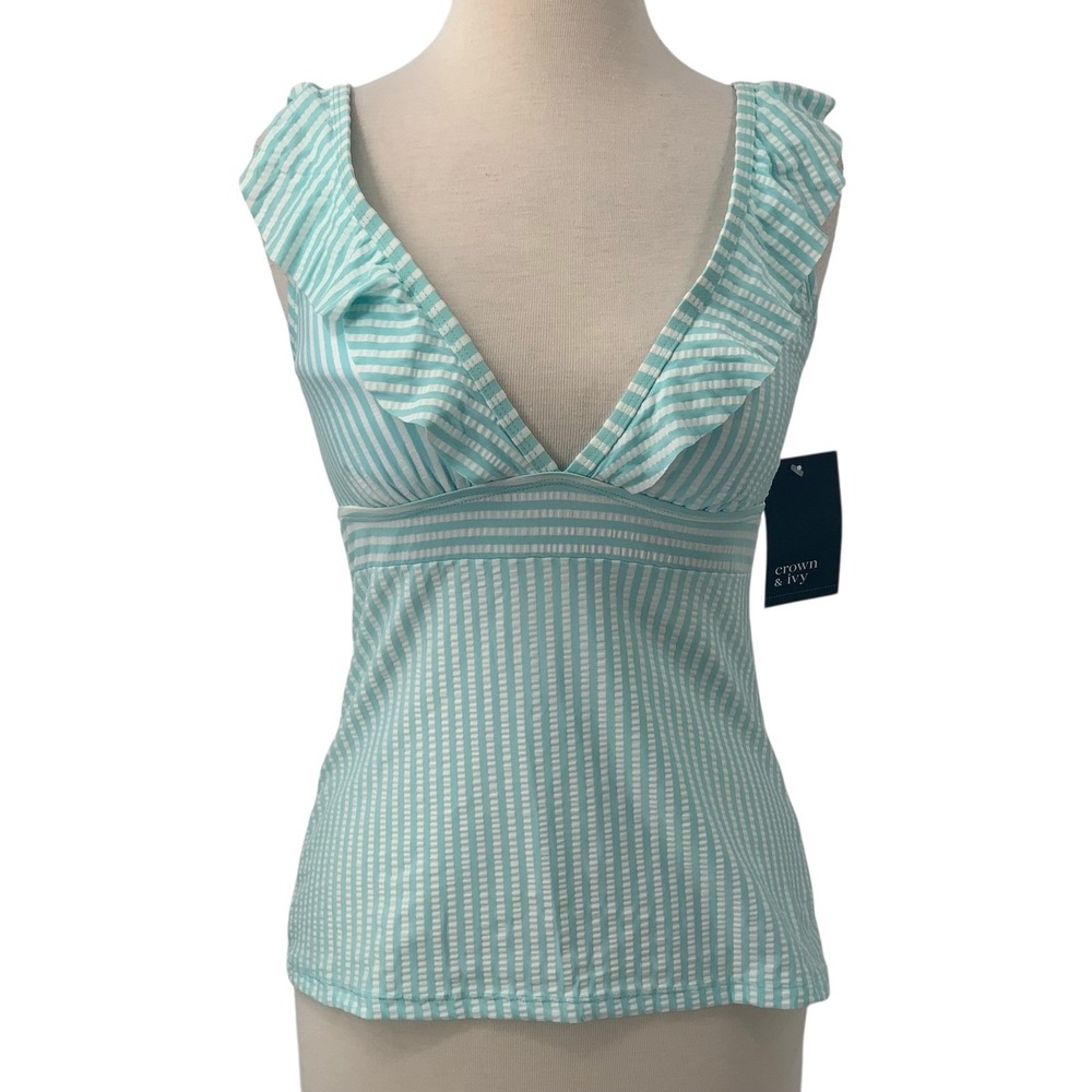 NWT Crown & Ivy Seersucker Blue/White Stripe Ruffled V-Neck Swim TankiniTop Sz S